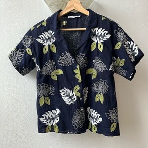 Mango Embroidered Tropical Plant Foliage Button Up Top